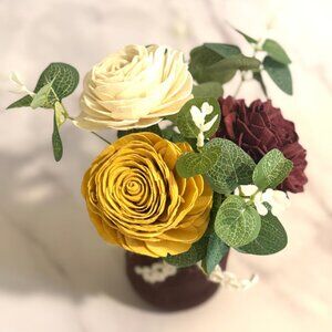 Sola Wood Flower Cream Yellow Rose Arrangement in Burgundy Mason Jar, Home Decor